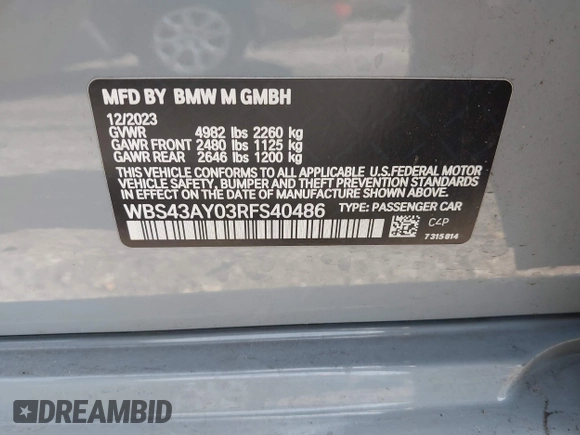 2024 BMW M3 Competition xDrive with VIN WBS43AY03RFS40486, listed as a IAAI auction lot 42537934 with 23,973 mi miles and . Bid and sale history available at DreamBid. Image 9.