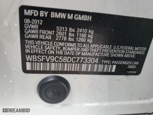 2013 BMW M5 with VIN WBSFV9C58DC773304, listed as a Copart auction lot 45300705 with 78,059 mi miles and Salvage Title. Bid and sale history available at carsss.com. Image 12.