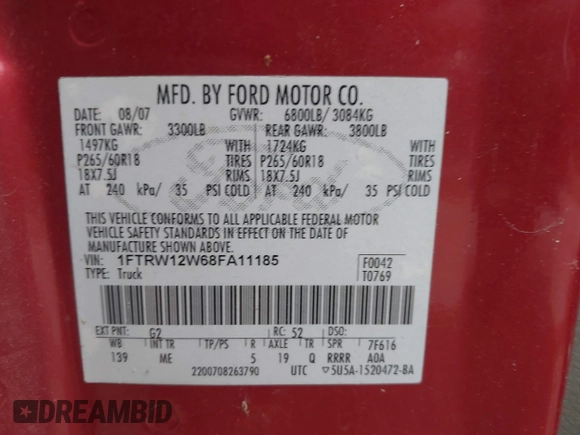 2008 Ford F-150 XL с VIN 1FTRW12W68FA11185, выставлен на аукционе IAAI как лот 42437256 с пробегом 269 443 миль миль и . История ставок и продаж доступна на DreamBid. Изображение 9.
