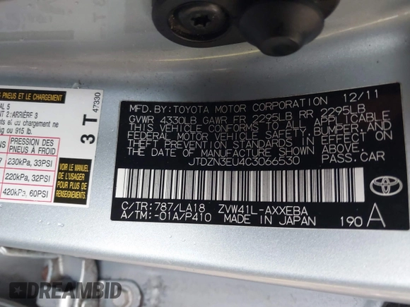 2012 Toyota Prius Two with VIN JTDZN3EU4C3066530, listed as a IAAI auction lot 41761422 with 232,983 mi miles and . Bid and sale history available at DreamBid. Image 9.