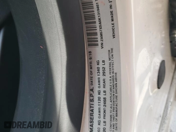 2019 Maserati Ghibli z VIN ZAM57XSA6K1319461, wystawiony jako Copart lot #57321665 z przebiegiem Nie podano mil oraz Tytuł czysty. Historia ofert i sprzedaży dostępna na DreamBid. Obrazek 12.
