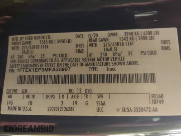 2021 Ford F-150 XL z VIN 1FTEX1EP3MFA35907, wystawiony jako IAAI lot #42336527 z przebiegiem 54 872 mil mil oraz . Historia ofert i sprzedaży dostępna na DreamBid. Obrazek 9.
