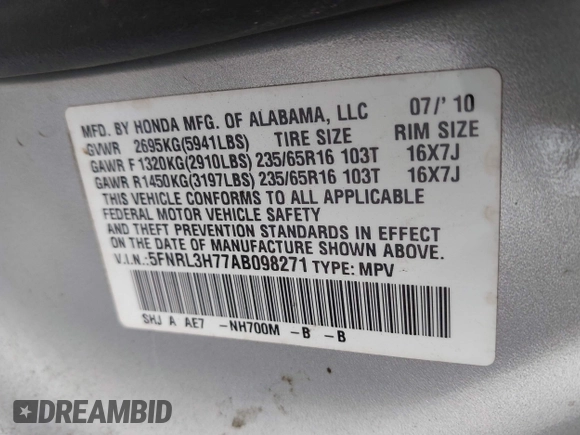 2010 Honda Odyssey EX-L с VIN 5FNRL3H77AB098271, выставлен на аукционе IAAI как лот 42030508 с пробегом 204 474 миль миль и . История ставок и продаж доступна на DreamBid. Изображение 9.