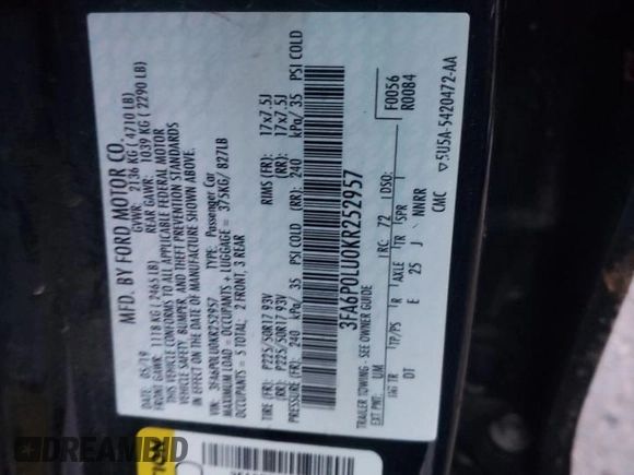 2019 Ford Fusion Hybrid SE with VIN 3FA6P0LU0KR252957, listed as a Copart auction lot 38459553 with 62,947 mi miles. Bid and sale history available at carsss.com. Image 14.