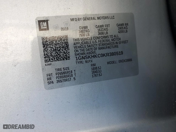 2019 Chevrolet Suburban LT with VIN 1GNSKHKC0KR380519, listed as a Copart auction lot 45405935 with 101,110 mi miles and Salvage Title. Bid and sale history available at carsss.com. Image 15.