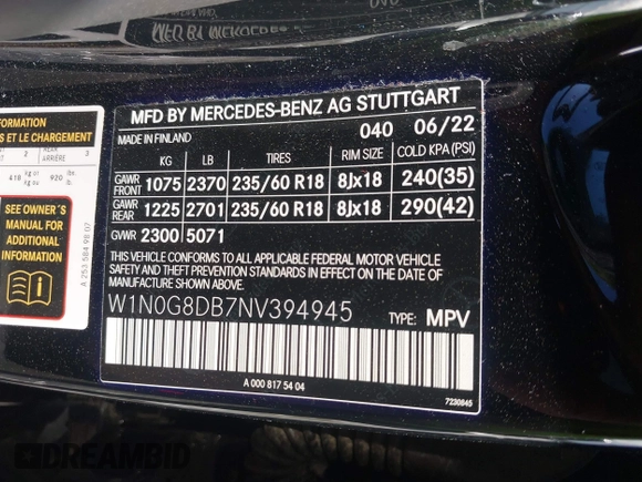 2022 Mercedes-Benz GLC 300 with VIN W1N0G8DB7NV394945, listed as a IAAI auction lot 42060999 with 17,332 mi miles and . Bid and sale history available at DreamBid. Image 9.