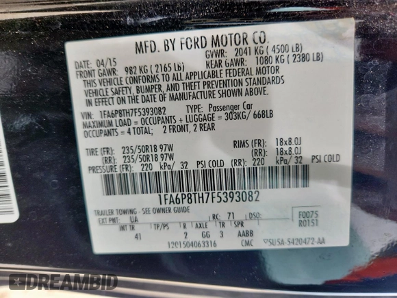 2015 Ford Mustang EcoBoost with VIN 1FA6P8TH7F5393082, listed as a Copart auction lot 62710175 with 96,635 mi miles and Salvage title. Bid and sale history available at DreamBid. Image 12.