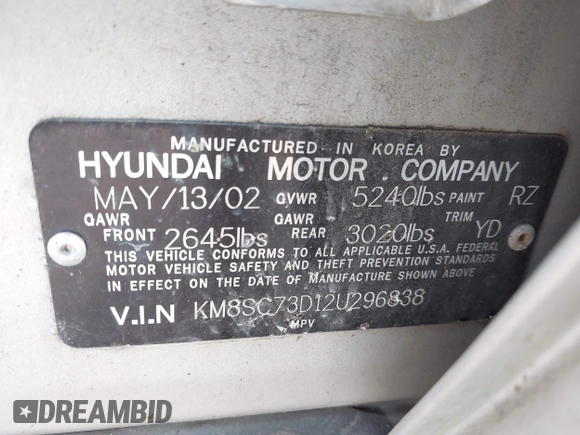 2002 Hyundai Santa Fe GLS with VIN KM8SC73D12U296838, listed as a IAAI auction lot 42117975 with 154,248 mi miles. Bid and sale history available at carsss.com. Image 9.
