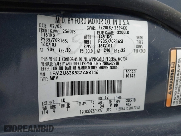 2003 Ford Explorer XLT с VIN 1FMZU63K53ZA88146, выставлен на аукционе IAAI как лот 41339470 с пробегом 181 644 миль миль и . История ставок и продаж доступна на DreamBid. Изображение 9.