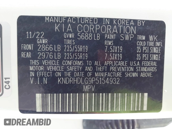 2023 Kia Sorento EX z VIN KNDRHDLG9P5154932, wystawiony jako IAAI lot #41928642 z przebiegiem 23 399 mil mil oraz . Historia ofert i sprzedaży dostępna na DreamBid. Obrazek 9.
