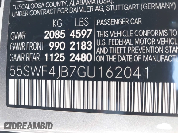 2016 Mercedes-Benz C 300 with VIN 55SWF4JB7GU162041, listed as a IAAI auction lot 42615333 with 39,714 mi miles and . Bid and sale history available at DreamBid. Image 9.