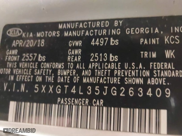2018 Kia Optima S with VIN 5XXGT4L35JG263409, listed as a IAAI auction lot 41646396 with 97,793 mi miles. Bid and sale history available at carsss.com. Image 9.