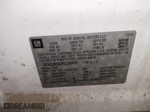 2015 Chevrolet Trax LT with VIN 3GNCJRSB7FL203418, listed as a IAAI auction lot 41572289 with 148,402 mi miles and . Bid and sale history available at DreamBid. Image 9.