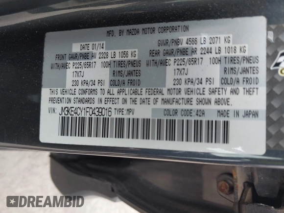 2015 Mazda CX-5 Touring with VIN JM3KE4CY1F0439016, listed as a IAAI auction lot 42039259 with 201,325 mi miles and . Bid and sale history available at carsss.com. Image 9.