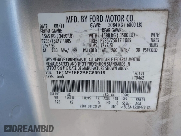 2011 Ford F-150 XL with VIN 1FTMF1EF2BFC59916, listed as a IAAI auction lot 41653525 with 118,632 mi miles and . Bid and sale history available at DreamBid. Image 9.