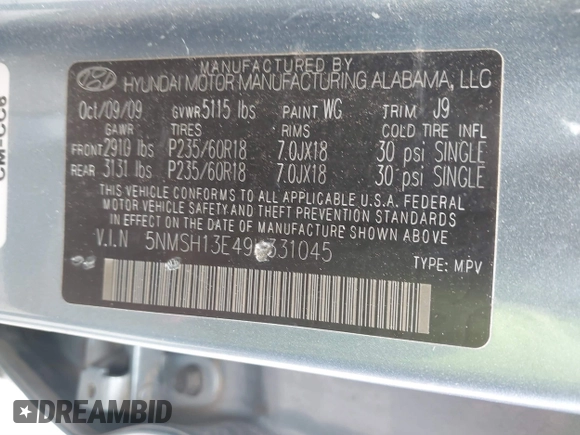 2009 Hyundai Santa Fe SE с VIN 5NMSH13E49H331045, выставлен на аукционе IAAI как лот 41846484 с пробегом 170 579 миль миль и . История ставок и продаж доступна на DreamBid. Изображение 9.