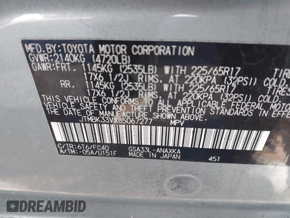 2008 Toyota RAV4 with VIN JTMBK33VX85067277, listed as a IAAI auction lot 41663673 with 182,503 mi miles. Bid and sale history available at carsss.com. Image 9.