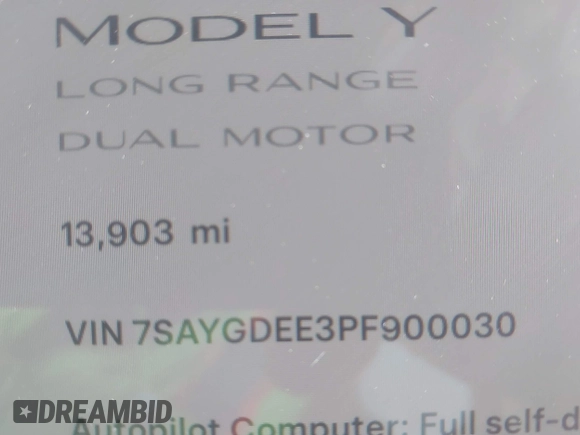 2023 Tesla Model Y Long Range with VIN 7SAYGDEE3PF900030, listed as a IAAI auction lot 41147192 with 13,903 mi miles and . Bid and sale history available at DreamBid. Image 14.