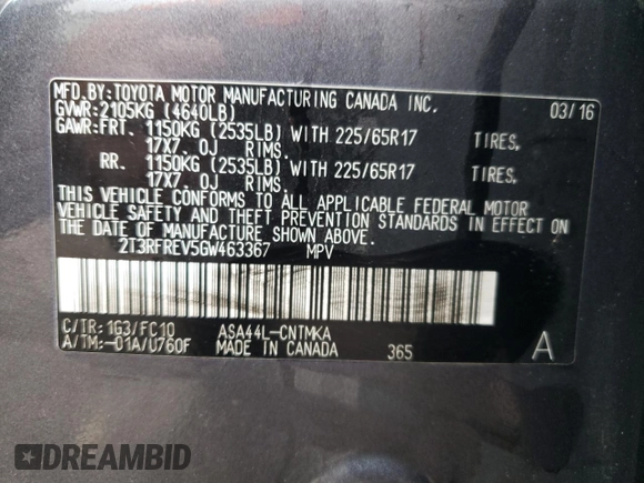 2016 Toyota RAV4 XLE with VIN 2T3RFREV5GW463367, listed as a Copart auction lot 56633245 with 83,614 mi miles and Salvage title. Bid and sale history available at DreamBid. Image 13.