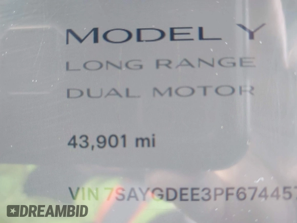 2023 Tesla Model Y Long Range with VIN 7SAYGDEE3PF674457, listed as a IAAI auction lot 41822138 with 43,901 mi miles. Bid and sale history available at carsss.com. Image 14.