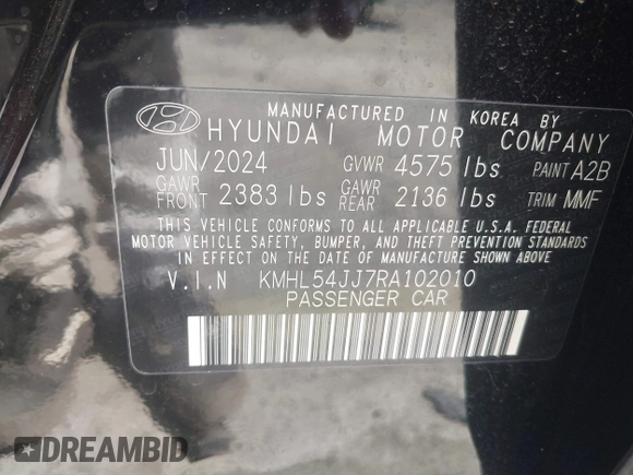 2024 Hyundai Sonata Hybrid Limited with VIN KMHL54JJ7RA102010, listed as a IAAI auction lot 42118010 with 3,782 mi miles. Bid and sale history available at carsss.com. Image 9.