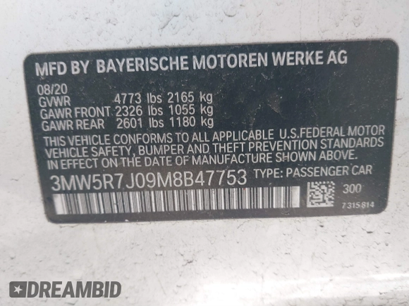 2021 BMW 3 Series 330i xDrive with VIN 3MW5R7J09M8B47753, listed as a IAAI auction lot 41897641 with 38,189 mi miles and . Bid and sale history available at DreamBid. Image 9.