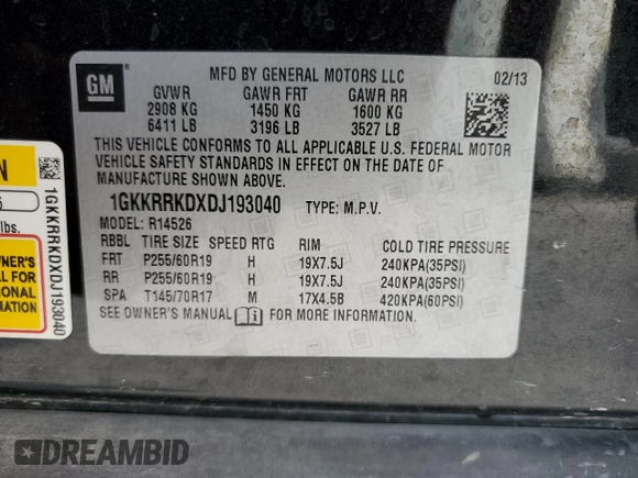 2013 GMC Acadia SLT z VIN 1GKKRRKDXDJ193040, wystawiony jako Copart lot #57089735 z przebiegiem 129 875 mil mil oraz Szkoda całkowita • Salvage title. Historia ofert i sprzedaży dostępna na DreamBid. Obrazek 13.