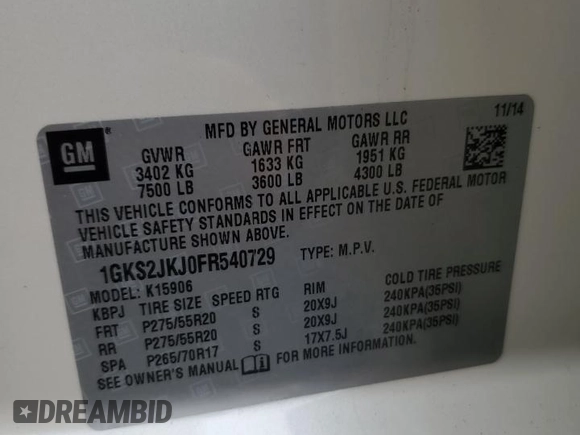 2015 GMC Yukon XL Denali with VIN 1GKS2JKJ0FR540729, listed as a Copart auction lot 46846035 with 131,849 mi miles and Salvage Title. Bid and sale history available at carsss.com. Image 15.