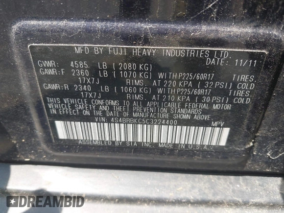 2012 Subaru Outback Limited with VIN 4S4BRBKC5C3224400, listed as a IAAI auction lot 42412643 with 193,486 mi miles and . Bid and sale history available at DreamBid. Image 9.