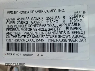 2019 Honda Accord EX-L with VIN 1HGCV3F5XKA015445, listed as a Copart auction lot 54978575 with 68,200 mi miles and Salvage title. Bid and sale history available at DreamBid. Image 12.
