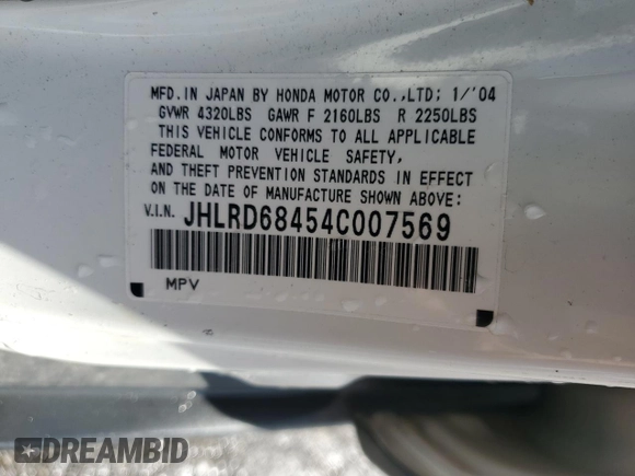 2004 Honda CR-V LX with VIN JHLRD68454C007569, listed as a Copart auction lot 50914265 with 199,360 mi miles and Salvage Title. Bid and sale history available at DreamBid. Image 13.