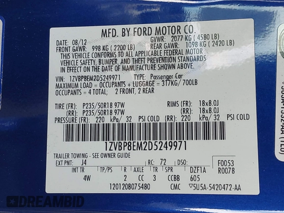 2013 Ford Mustang V6 with VIN 1ZVBP8EM2D5249971, listed as a IAAI auction lot 41501581 with 80,148 mi miles and . Bid and sale history available at DreamBid. Image 9.