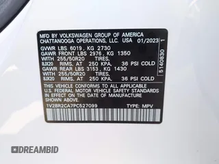 2023 Volkswagen Atlas SEL with VIN 1V2BR2CA7PC527099, listed as a IAAI auction lot 42099076 with 13,710 mi miles and . Bid and sale history available at DreamBid. Image 9.
