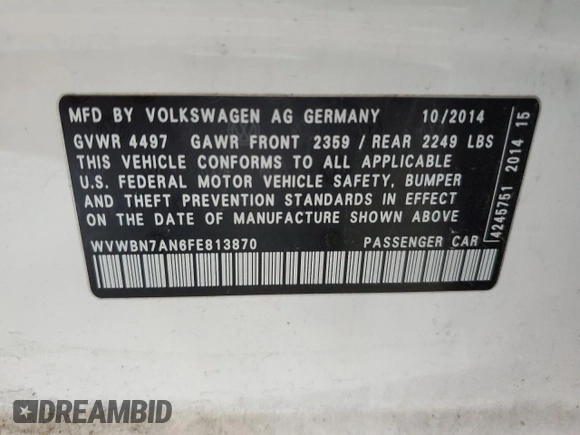2015 Volkswagen CC R-Line with VIN WVWBN7AN6FE813870, listed as a Copart auction lot 52073215 with 155,216 mi miles and Clean Title. Bid and sale history available at DreamBid. Image 12.