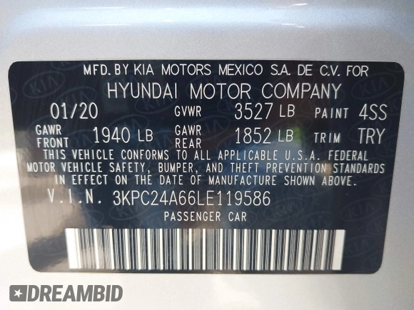 2020 Hyundai Accent SE with VIN 3KPC24A66LE119586, listed as a IAAI auction lot 41986764 with 64,248 mi miles and . Bid and sale history available at DreamBid. Image 9.