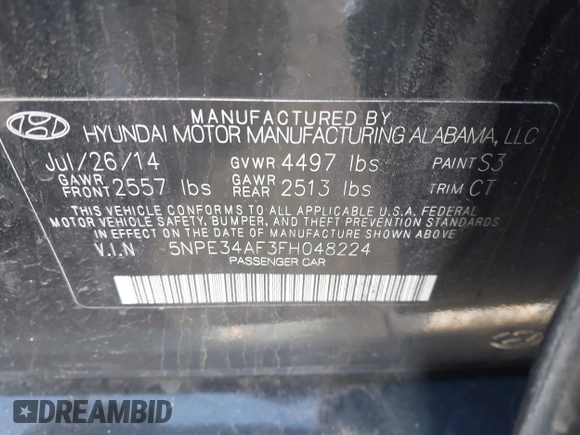 2015 Hyundai Sonata Limited with VIN 5NPE34AF3FH048224, listed as a IAAI auction lot 41857219 with 166,240 mi miles and . Bid and sale history available at carsss.com. Image 9.