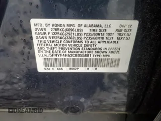 2012 Honda Pilot EX-L с VIN 5FNYF4H62CB055881, выставлен на аукционе Copart как лот 58250895 с пробегом 190 387 миль миль и Списание • Salvage title. История ставок и продаж доступна на DreamBid. Изображение 13.