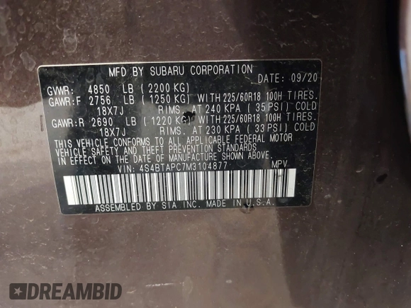 2021 Subaru Outback Touring с VIN 4S4BTAPC7M3104877, выставлен на аукционе IAAI как лот 42330821 с пробегом 40 494 миль миль и . История ставок и продаж доступна на DreamBid. Изображение 9.