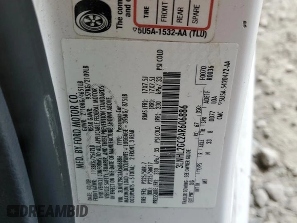 2010 Lincoln MKZ с VIN 3LNHL2GC2AR606886, выставлен на аукционе Copart как лот 54137715 с пробегом 77 393 миль миль и Списание • Salvage title. История ставок и продаж доступна на DreamBid. Изображение 12.