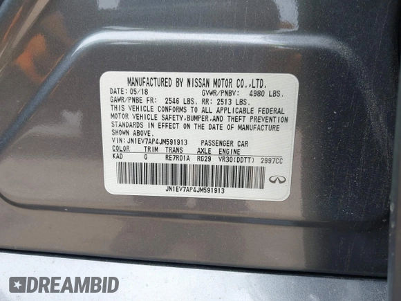 2018 Infiniti Q50 Luxe with VIN JN1EV7AP4JM591913, listed as a IAAI auction lot 42300643 with 85,183 mi miles and . Bid and sale history available at DreamBid. Image 9.