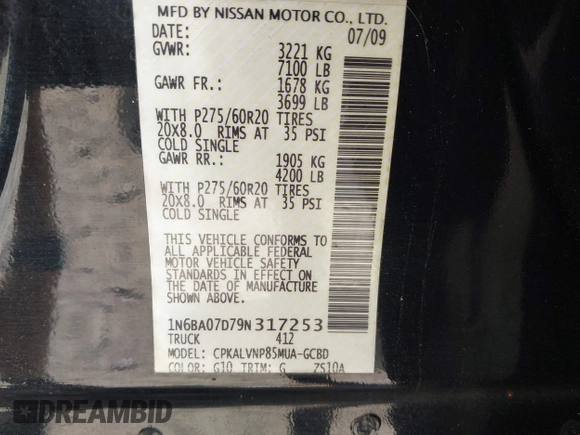 2009 Nissan Titan LE with VIN 1N6BA07D79N317253, listed as a IAAI auction lot 41944642 with 231,896 mi miles. Bid and sale history available at carsss.com. Image 9.