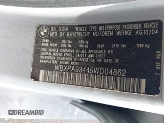 2005 BMW X3 3.0i with VIN WBXPA93445WD04862, listed as a IAAI auction lot 41950119 with 237,014 mi miles. Bid and sale history available at carsss.com. Image 9.