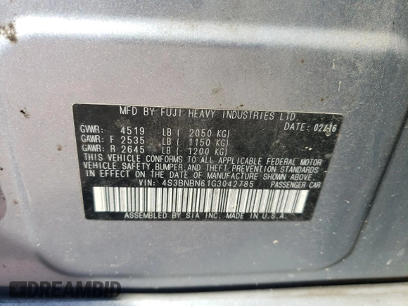 2016 Subaru Legacy 2.5i Limited with VIN 4S3BNBN61G3042785, listed as a Copart auction lot 67175993 with Not Provided miles. Bid and sale history available at carsss.com. Image 12.