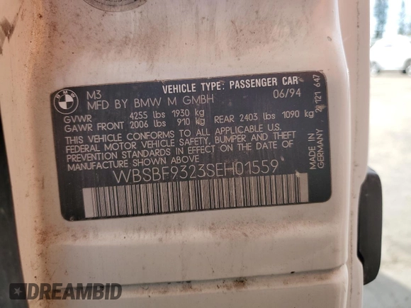 1995 BMW 3 Series M3 with VIN WBSBF9323SEH01559, listed as a Copart auction lot 48524415 with 143,316 mi miles and Salvage Title. Bid and sale history available at DreamBid. Image 12.