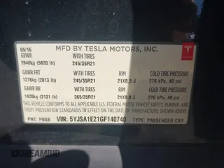 2016 Tesla Model S 90D with VIN 5YJSA1E21GF140740, listed as a IAAI auction lot 42062461 with 237,943 mi miles and . Bid and sale history available at DreamBid. Image 9.