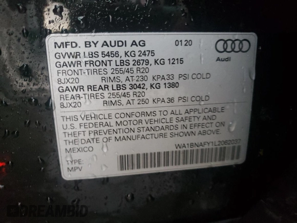 2020 Audi Q5 Premium Plus with VIN WA1BNAFY1L2062037, listed as a Copart auction lot 72650342 with 22,514 mi miles. Bid and sale history available at carsss.com. Image 13.