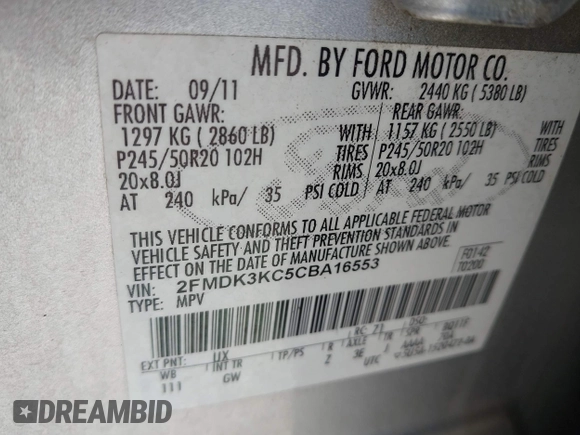 2012 Ford Edge Limited with VIN 2FMDK3KC5CBA16553, listed as a IAAI auction lot 41962533 with 327,259 mi miles. Bid and sale history available at carsss.com. Image 9.