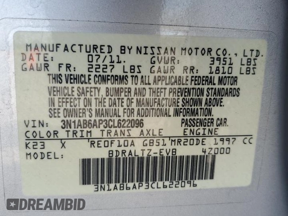 2012 Nissan Sentra SR with VIN 3N1AB6AP3CL622096, listed as a Copart auction lot 57692185 with 42,723 mi miles and Salvage title. Bid and sale history available at DreamBid. Image 13.