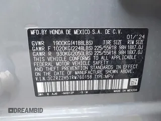 2024 Honda HR-V Sport with VIN 3CZRZ2H51RM760158, listed as a IAAI auction lot 41298703 with 34,828 mi miles. Bid and sale history available at carsss.com. Image 9.