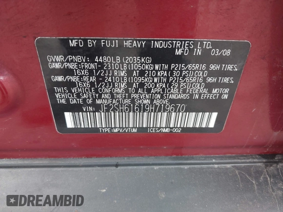 2009 Subaru Forester X with VIN JF2SH61619H719670, listed as a IAAI auction lot 42252405 with 249,119 mi miles and . Bid and sale history available at DreamBid. Image 9.